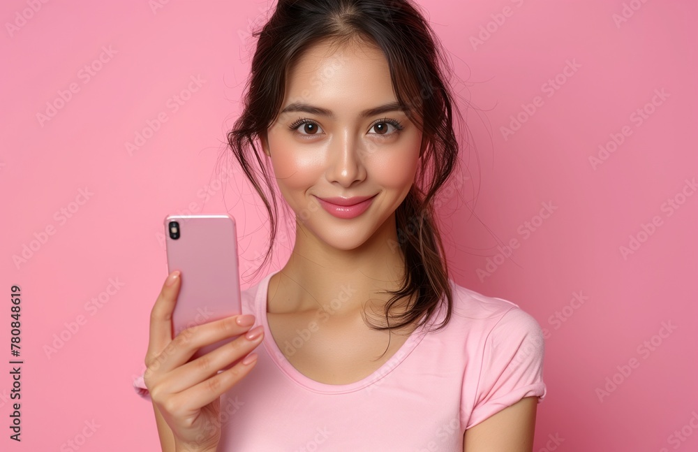 Young Asian woman smiles, joyfully pointing at an empty smartphone screen, inviting engagement and curiosity Young Asian woman smiles, joyfully pointing at an empty smartphone screen, inviting engagement and curiosity