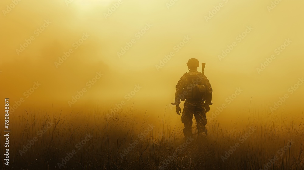Soldier in the mist, gaze into the future, memory of war, service and dedication. AI generative.
