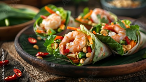 Thai dishes. traditional Thai snack miang kum, Wraps of mini salad with Thai shrimp.  photo