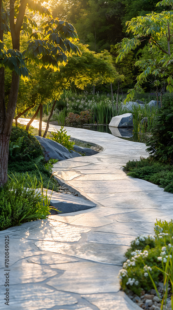 Obraz premium Tranquil Garden Pathway Illuminated by Golden Sunset Light