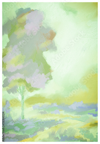 Impressionistic Whimsical Tree by a Brook in Various Bright Colors- art, digital painting, illustration, artwork, design with Canvas Texture in hues of Light Green, Yellow & Lavender