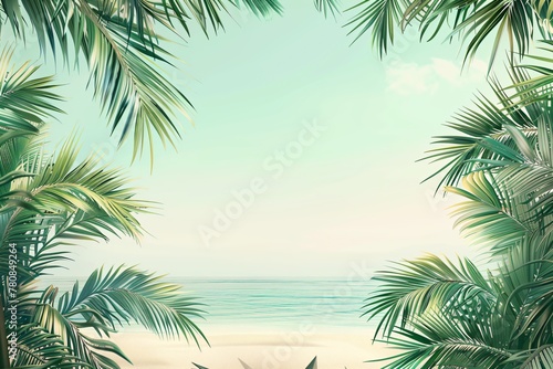 Tropical beach scene with palm tree. Summer vacation and travel concept. Frame design for banner  greeting  invitation. Vintage style