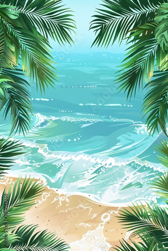 Tropical beach with palm leaves. Summer vacation and travel concept. Frame illustration for banner  greeting  invitation  design