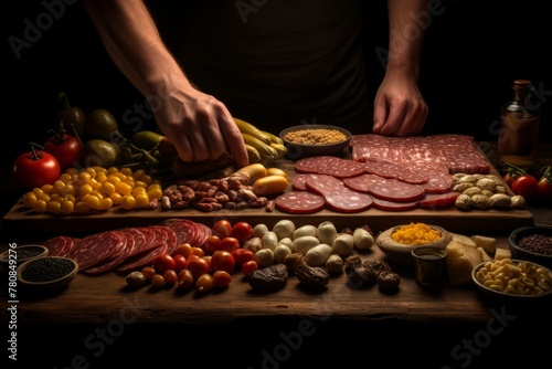 Chef preparing delicious salami dish with fresh veggies and aromatic spices on wooden cutting board