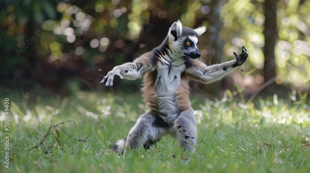 Naklejka premium A lemur standing on its hind legs in the grass. Suitable for nature and wildlife themes