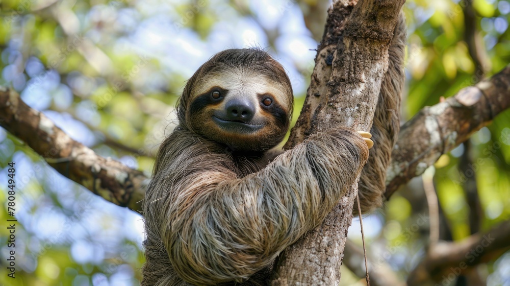 Fototapeta premium A cute sloth hanging from a tree branch, suitable for nature and wildlife concepts