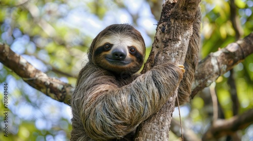 A cute sloth hanging from a tree branch, suitable for nature and wildlife concepts