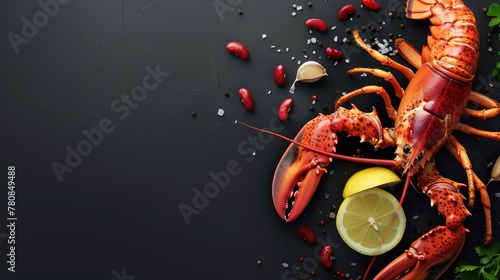 A lobster with a lemon slice on a table. Ideal for seafood restaurant menus