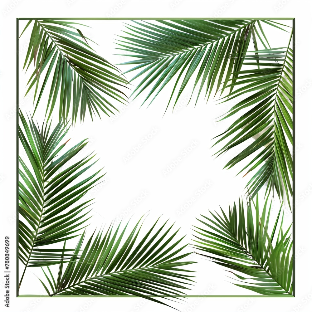 Palm leaves frame on a white background. Summer vacation and travel concept. Illustration for design, invitation, poster