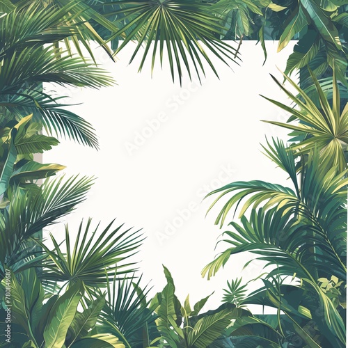 Palm leaves frame on a white background. Summer vacation and travel concept. Illustration for design, invitation, poster. Tropical plants