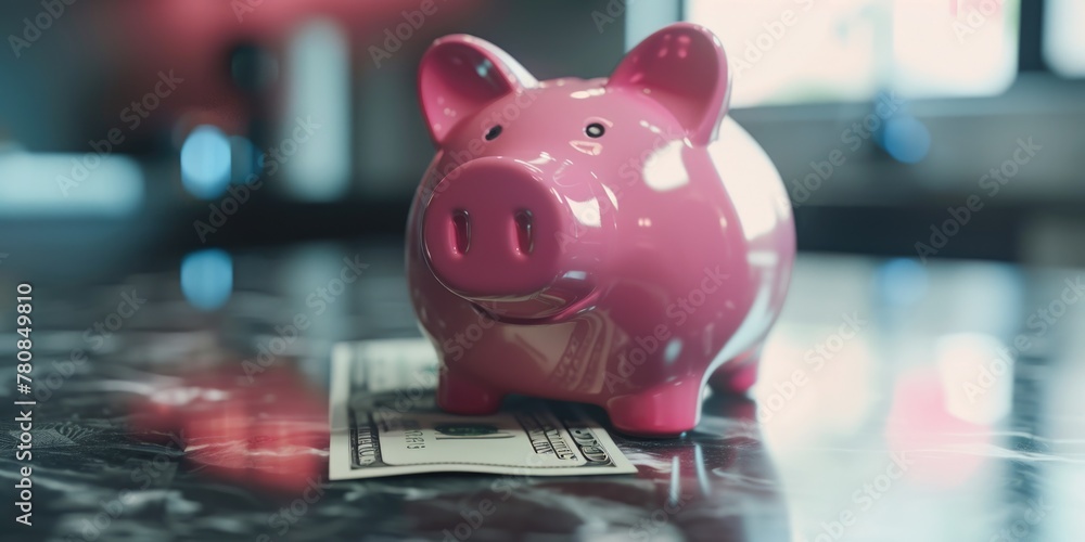 A pink piggy bank sitting on top of a pile of money. Perfect for financial concepts A pink piggy bank sitting on top of a pile of money. Perfect for financial concepts