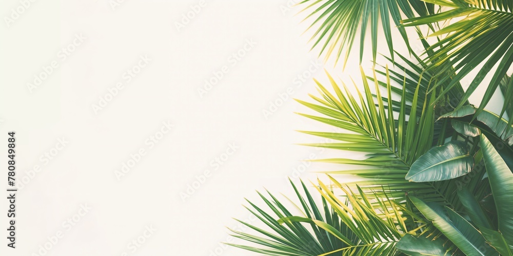Tropical palm leaves on a white background. Summer vacation and travel concept. Frame design for invitation, greeting, poster, border Tropical palm leaves on a white background. Summer vacation and travel concept. Frame design for invitation, greeting, poster, border