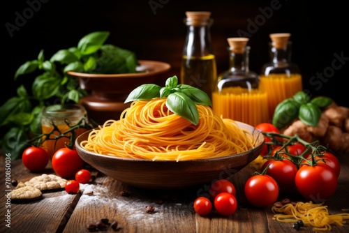 Delicious italian spaghetti with basil, tomatoes, and olive oil on rustic wooden table