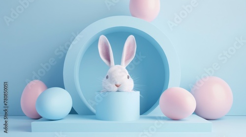 A cute white rabbit sitting in a blue bowl surrounded by pink and blue eggs. Perfect for Easter themed designs