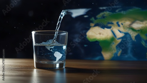 world environment day,  water in glass showing concept of world earth day, protect the globe through watering, Earth day April, water on world map 