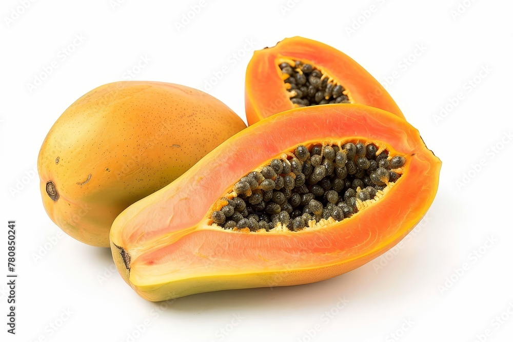 Whole and half of ripe papaya on white background Whole and half of ripe papaya on white background