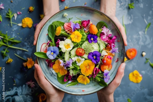 Woman holding plate of healthy summer salad with fresh ingredients and edible flowers Top view Clean eating concept