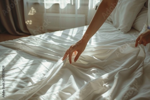 Woman places white bed sheet in bedroom