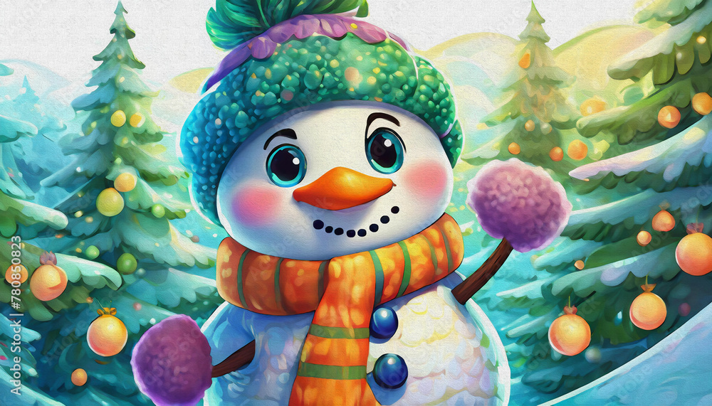 Fototapeta premium OIL PAINTING STYLE CARTOON CHARACTER CUTE BABY Snowman takes a selfie isolated on white background, top view