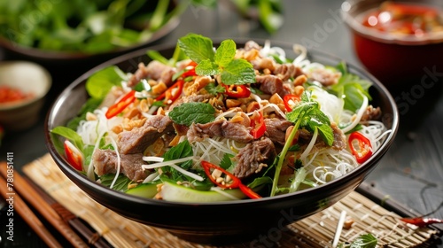 The Vietnamese dish Bun cha is fried pork with rice noodles. It requires herbs, fish sauce, green papaya, some spices.