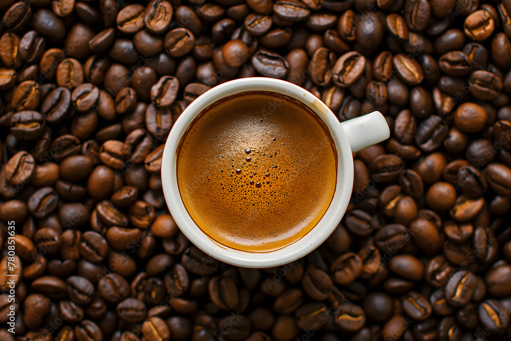 Freshly Brewed Coffee in a Black Cup Surrounded by Coffee Beans Freshly Brewed Coffee in a Black Cup Surrounded by Coffee Beans
