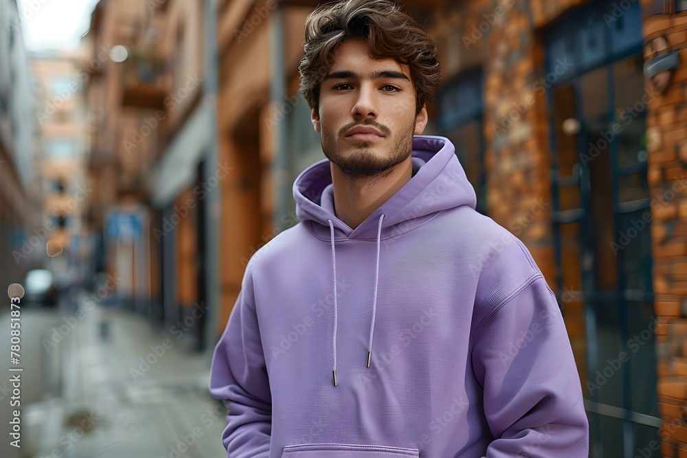 Fototapeta premium Young man in purple hoodie mockup with clean background for copy space. Concept Purple Hoodie Mockup, Clean Background, Copy Space, Young Man, Apparel Presentation