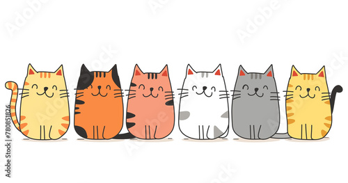 A row of adorable cartoon cats in different colors with cheerful expressions stands side by side against a white background