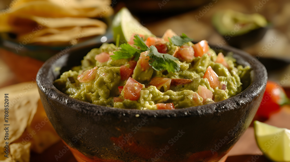 Steamy Fresh Guacamole in a Stone Bowl with Tortilla Chips Steamy Fresh Guacamole in a Stone Bowl with Tortilla Chips