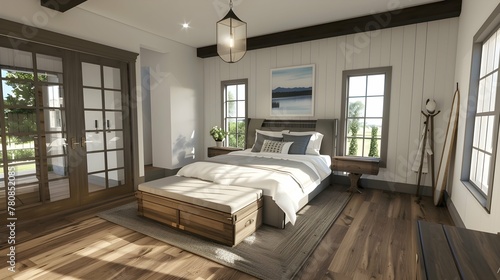 Farmhouse interior design of modern bedroom with hardwood floor. 