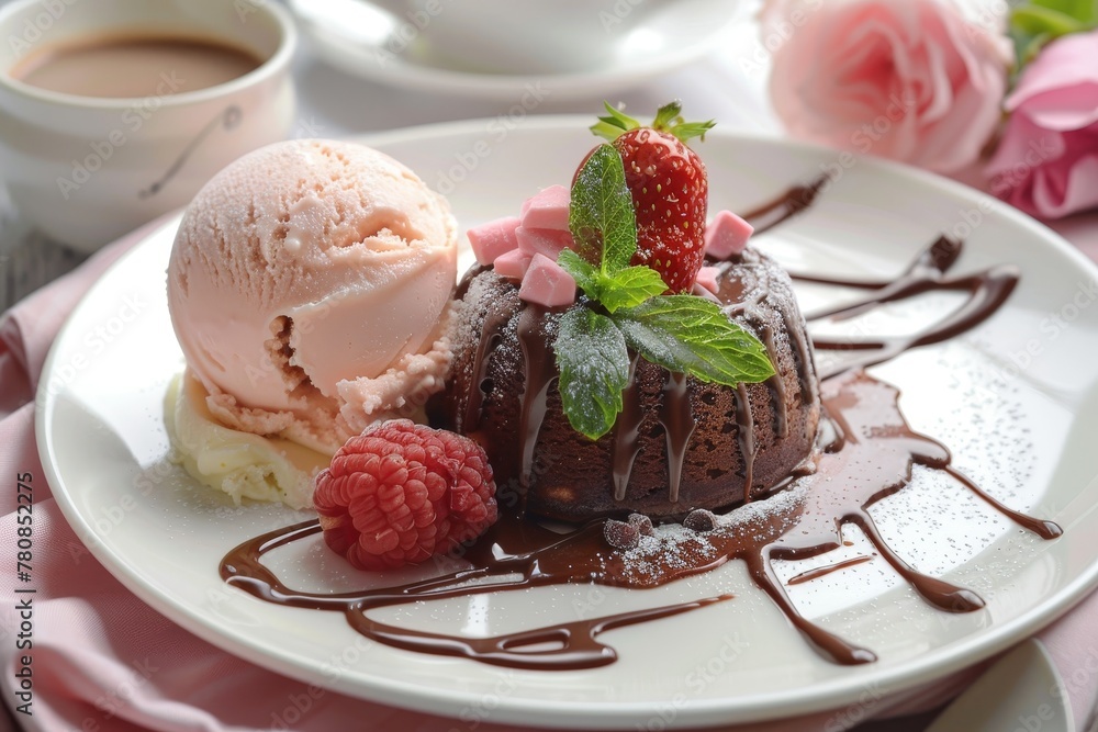 Yummy fondant with hot chocolate and ice cream served on dish Yummy fondant with hot chocolate and ice cream served on dish