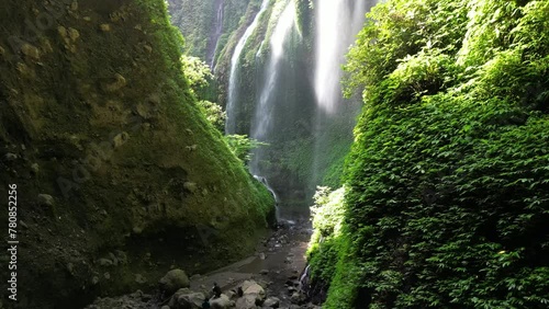 Aerial footage Madakaripura waterfall during a morning in East Java, Indonesia