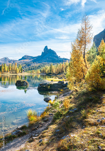 Beautiful autumn view of famous Lake Federa near Cortina d'Ampezzo in Italy's Dolomites