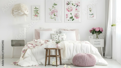 Flowers on wooden stool and pouf in white bedroom interior with posters above bed.