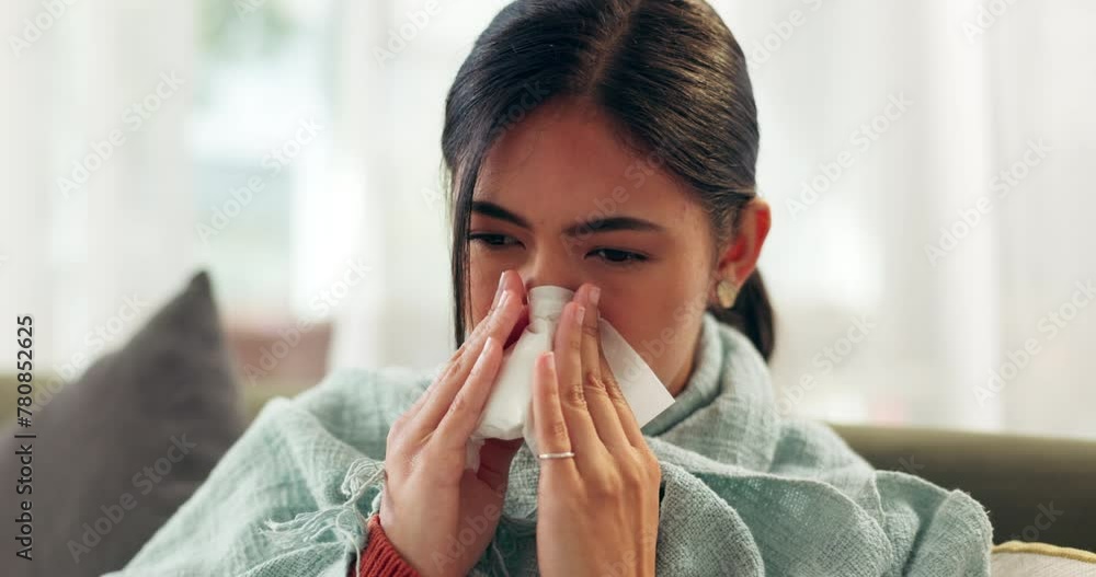 Woman, illness and tissue with blowing nose in home for respiratory infection, sick or cold. Female person, blanket and fever flu or virus suffering in living room with allergies, sneezing or fatigue Woman, illness and tissue with blowing nose in home for respiratory infection, sick or cold. Female person, blanket and fever flu or virus suffering in living room with allergies, sneezing or fatigue