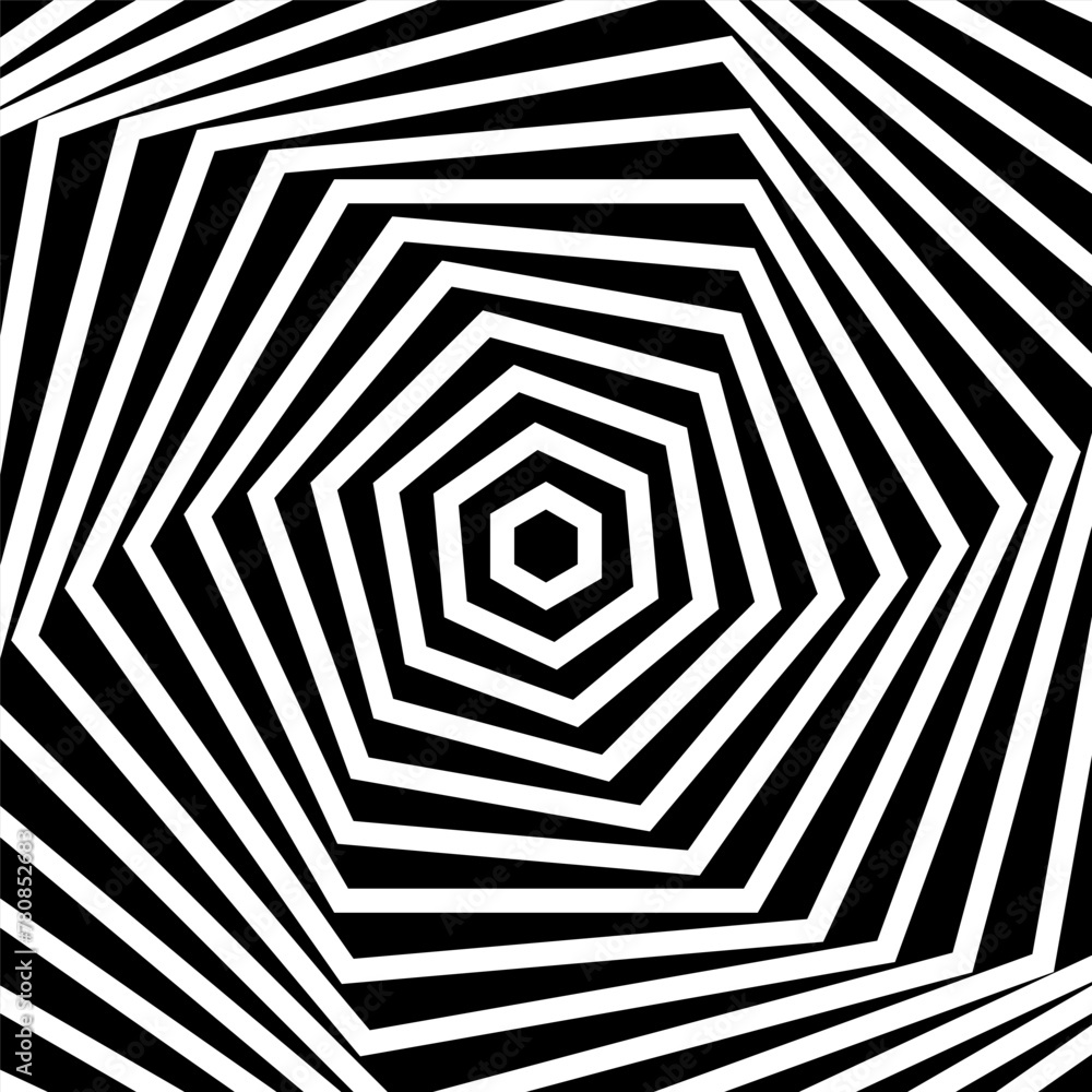Abstract contrasting dynamic geometric illustration with a hexagon. Striped hexagon in black and white. Vector illustration Abstract contrasting dynamic geometric illustration with a hexagon. Striped hexagon in black and white. Vector illustration