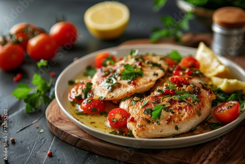 Wooden board with tasty chicken piccata plate photo