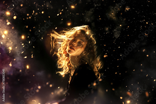 Surreal, dreamlike peaceful woman surrounded by glowing orbs and cosmic patterns. Illuminated by soft, ethereal light, with hues of purple, gold and black. Fantasy, dreams, spirituality concept.