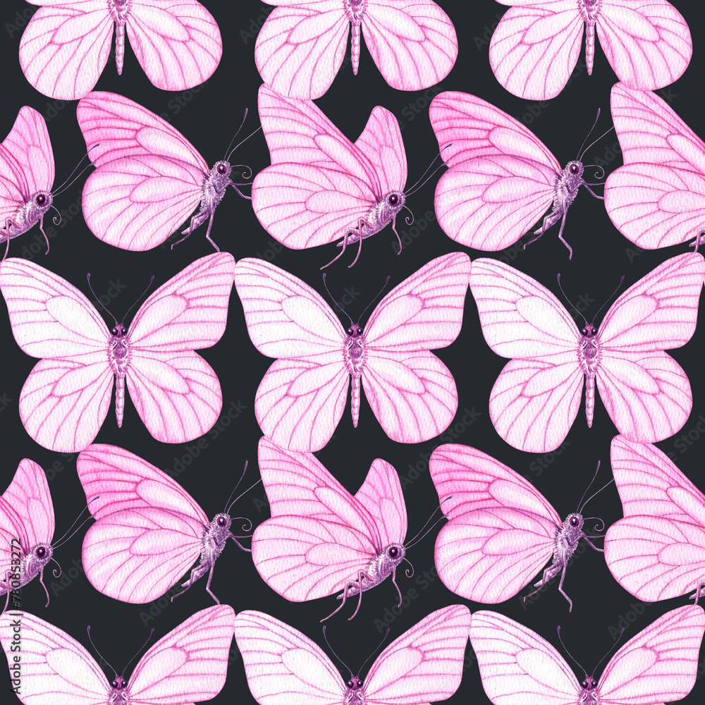 Watercolour Butterflies with pink wings illustration seamless pattern. On dark background. Hand-painted elements insect. Hand drawn delicate insects. For decoration, postcard, fabric, sketchbook