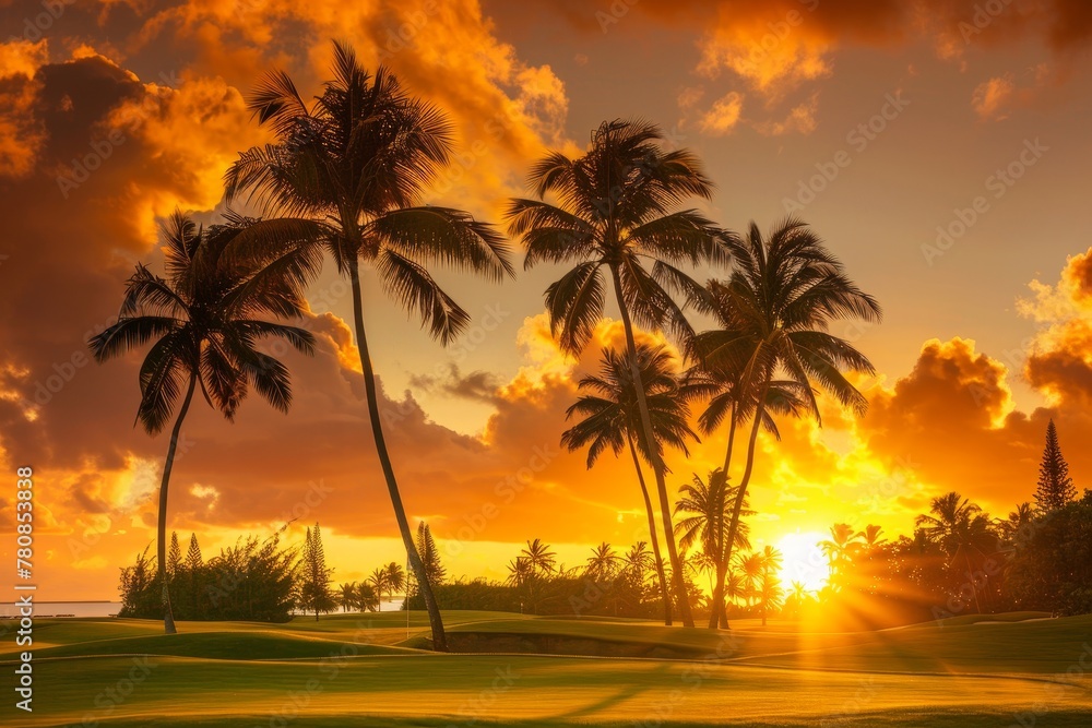 Experience the ideal combination of sports and nature through a captivating photo featuring coconut trees and a breathtaking sunset on a golf course The sunset s