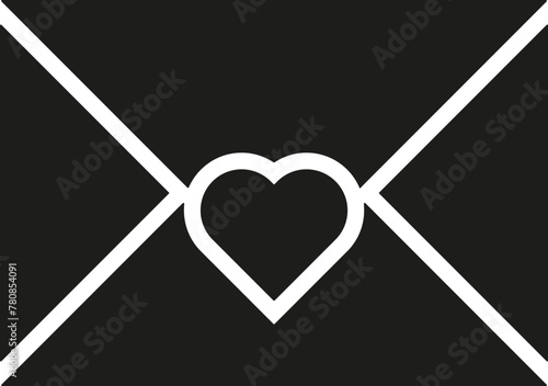 Black envelope with heart icon. Vector. Flat design.	