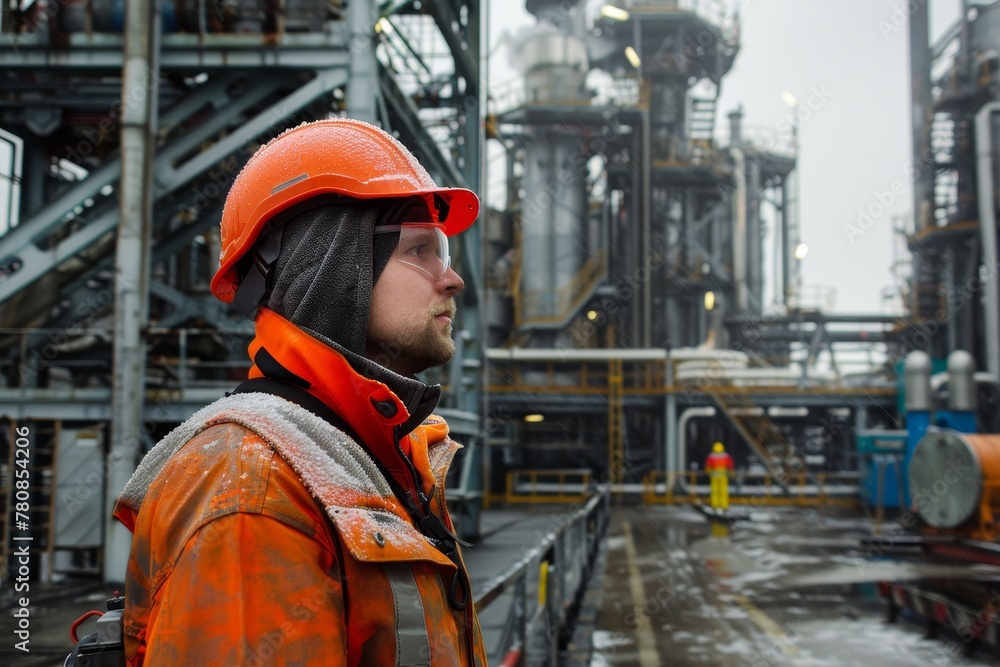 Field engineer uses safety equipment for personal protection in industrial settings Field engineer uses safety equipment for personal protection in industrial settings