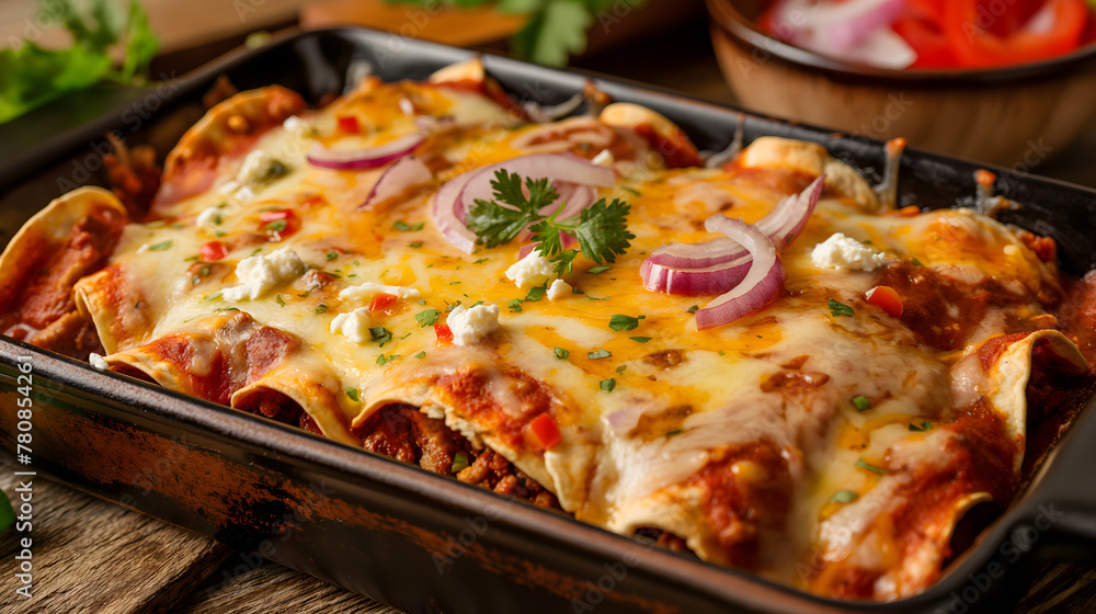 Delicious Homemade Beef and Cheese Enchiladas in Baking Tray Delicious Homemade Beef and Cheese Enchiladas in Baking Tray