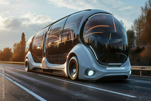 A hybrid futuristic electric shuttle bus is an autonomous smart vehicle transport option for future AI Generative photo