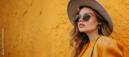Fashionable woman in yellow coat and chic sunglasses against a vibrant orange wall with copy space