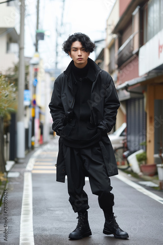 Confident man dressed in fashionable black attire stands on an urban street