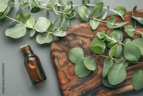 Fresh eucalyptus leaves and oil on a wooden board photo