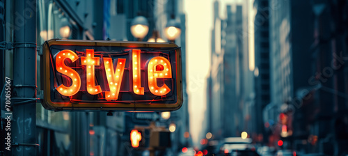 An illuminated 'Style' sign stands out in the dim light of a city street, representing urban fashion and the essence of the city's nightlife photo