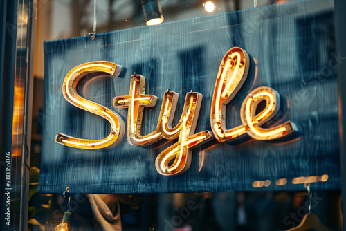 A close-up of bright neon lights forming the word 'Style' against a blurred shopfront, evoking modern fashion and design aesthetics photo
