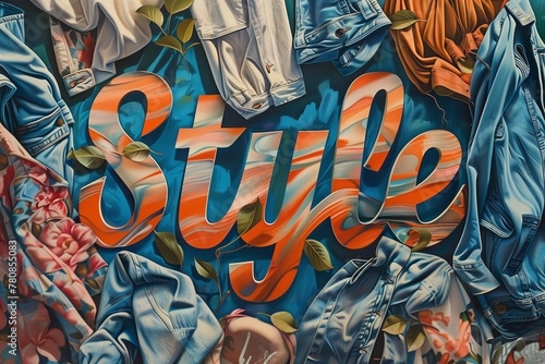 A colorful assemblage of various denim clothes artistically arranged around the word 'Style' in bold letters photo