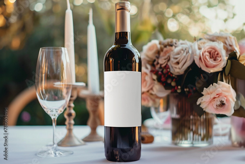 Wedding wine bottle mockup with white blank label. Floral blurry background.
